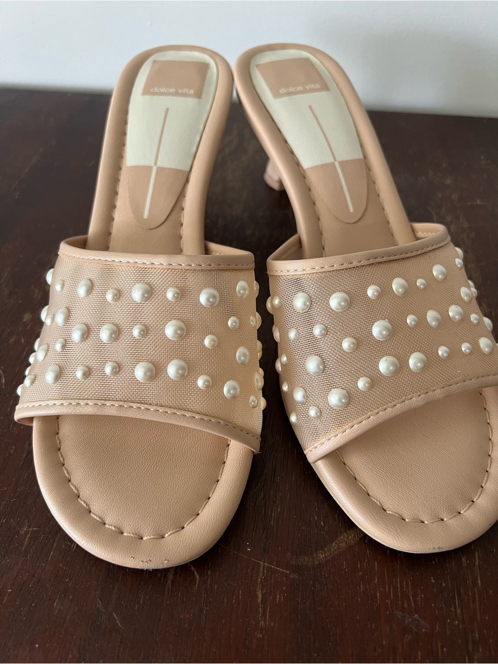Dolce Vita Nude Pearl-Studded Slide Mules